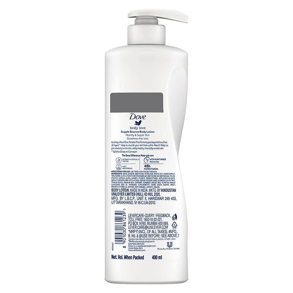 Dove Body Love, Supple Bounce Body Lotion, 400 ml , for Supple Healthy Skin, 48hrs Long-Lasting Moisturization, Paraben-Free, Plant Based Moisturizer – view 2