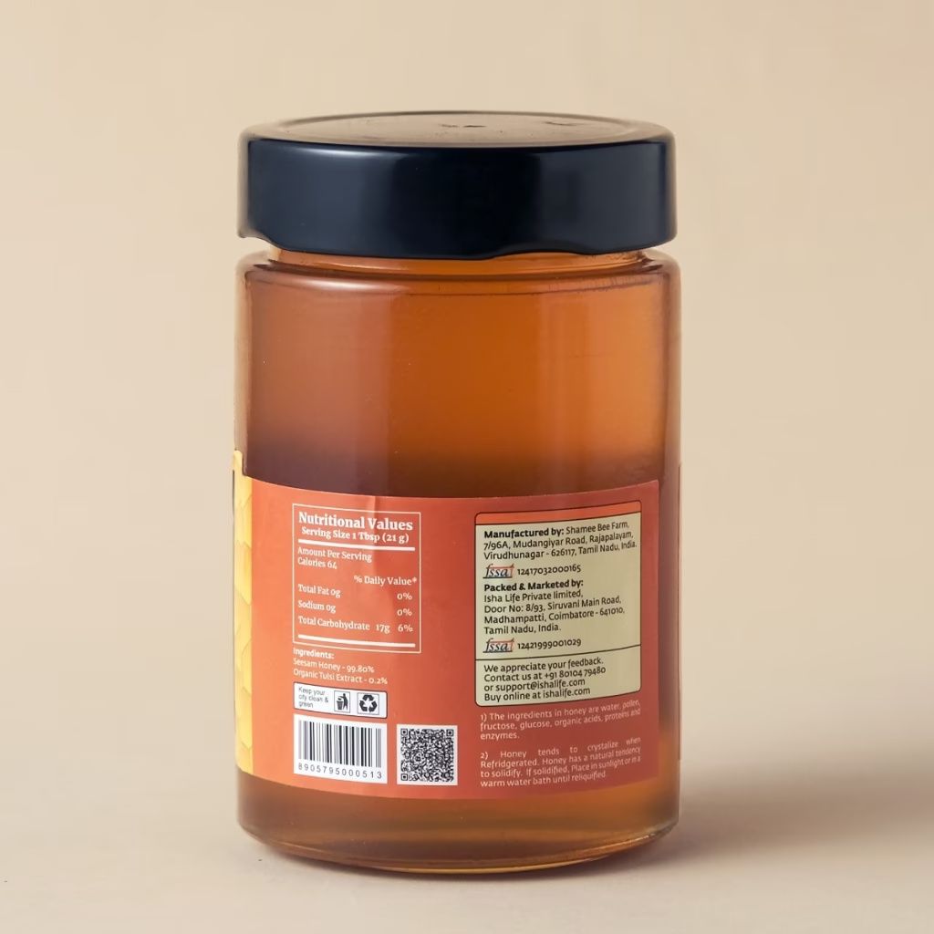 Isha life Tulsi Honey (500gm). Processed and filtered. Honey mixed with Tulsi extracts. High in medicinal value. Suggested for cold related symptoms. Good for Immunity – view 2