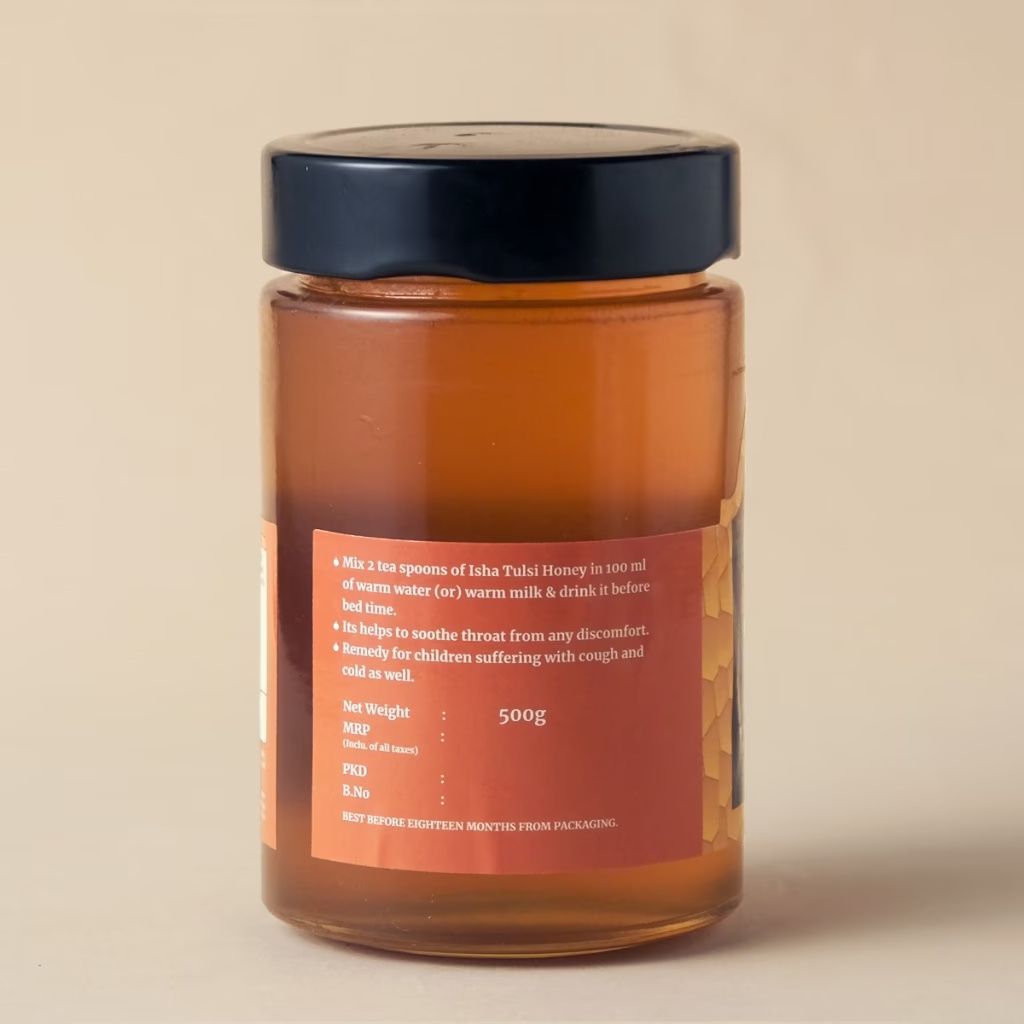 Isha life Tulsi Honey (500gm). Processed and filtered. Honey mixed with Tulsi extracts. High in medicinal value. Suggested for cold related symptoms. Good for Immunity – view 3