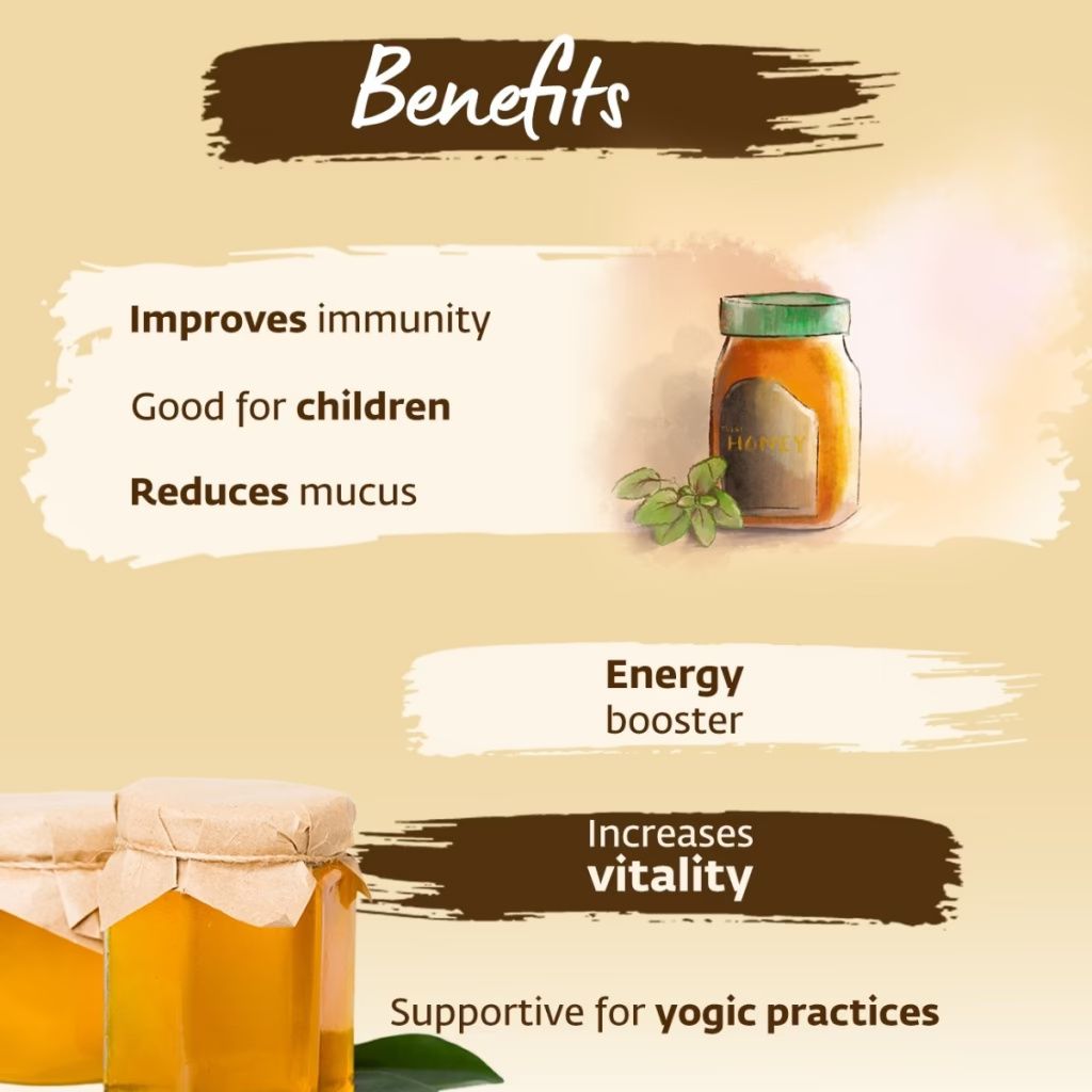 Isha life Tulsi Honey (500gm). Processed and filtered. Honey mixed with Tulsi extracts. High in medicinal value. Suggested for cold related symptoms. Good for Immunity – view 4