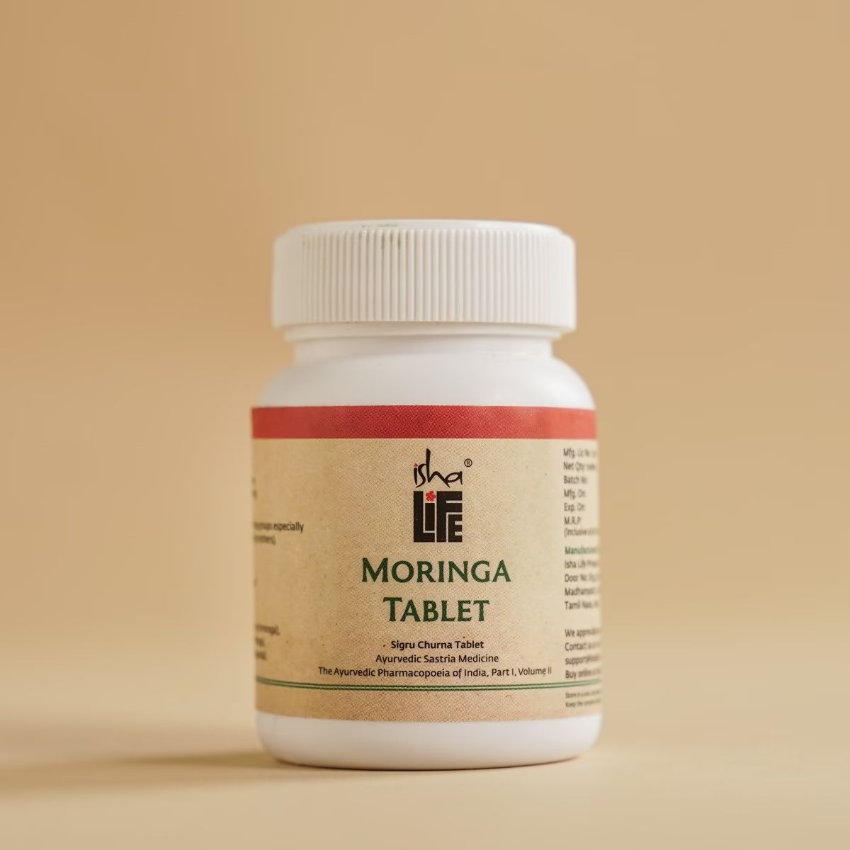 Jar of Isha Life moringa tablets for overall vitality