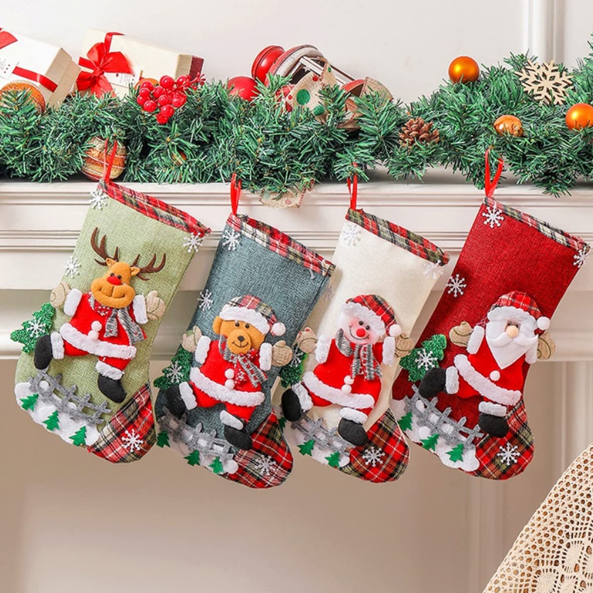 HASTHIP Set of 4 Christmas Decorations Stocking, 10 Inch Linen Xmas Gift Stockings, Large Hanging Christmas Tree Decoration Items for Xmas Tree, Home Decor, Door, Window
