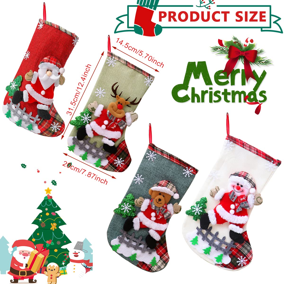 HASTHIP Set of 4 Christmas Decorations Stocking, 10 Inch Linen Xmas Gift Stockings, Large Hanging Christmas Tree Decoration Items for Xmas Tree, Home Decor, Door, Window – view 2