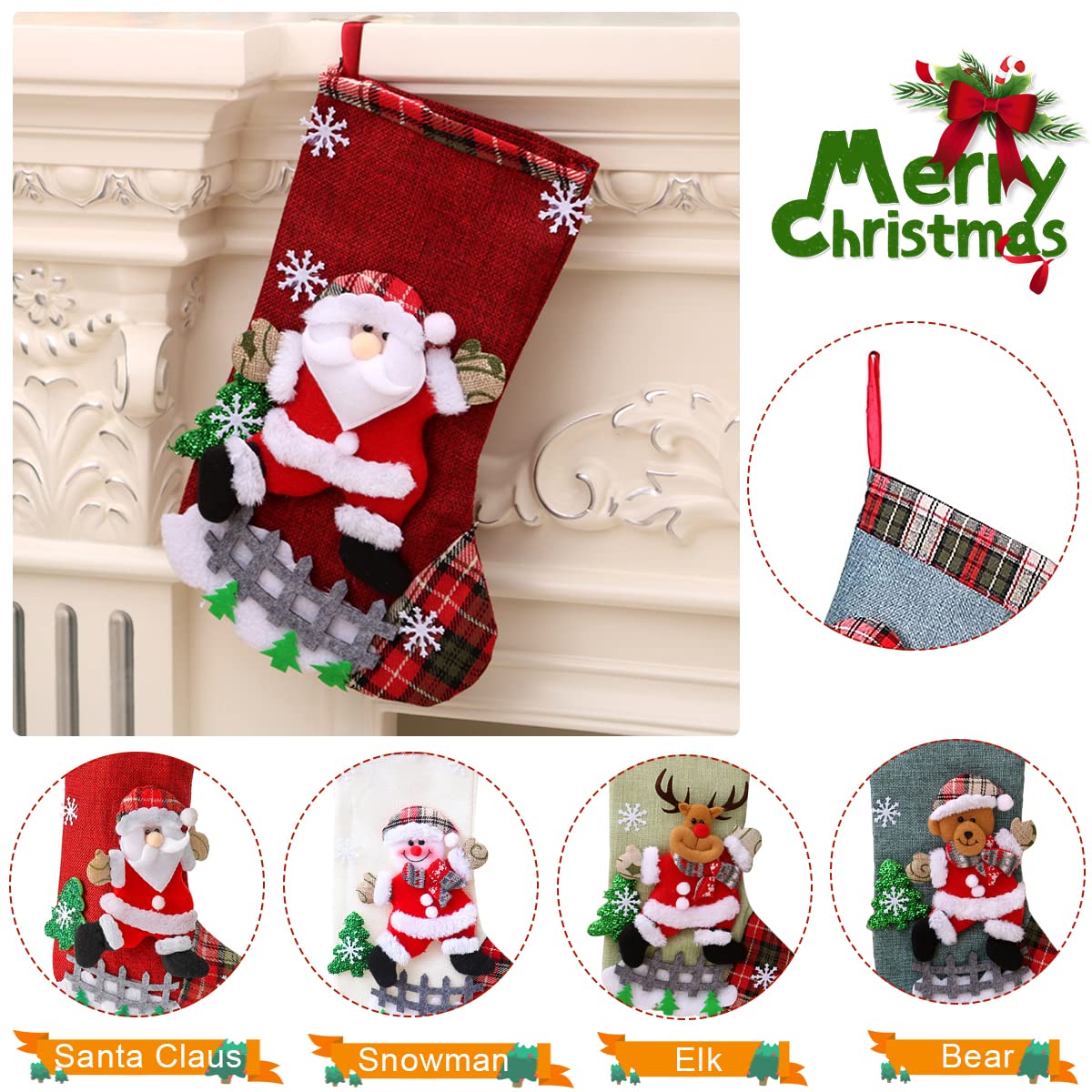 HASTHIP Set of 4 Christmas Decorations Stocking, 10 Inch Linen Xmas Gift Stockings, Large Hanging Christmas Tree Decoration Items for Xmas Tree, Home Decor, Door, Window – view 3
