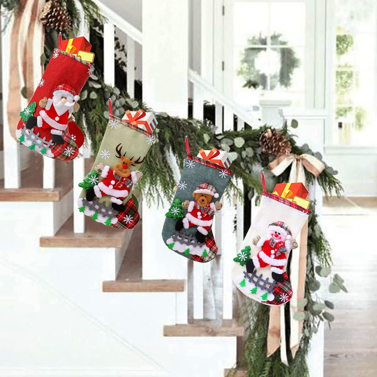 HASTHIP Set of 4 Christmas Decorations Stocking, 10 Inch Linen Xmas Gift Stockings, Large Hanging Christmas Tree Decoration Items for Xmas Tree, Home Decor, Door, Window – view 4