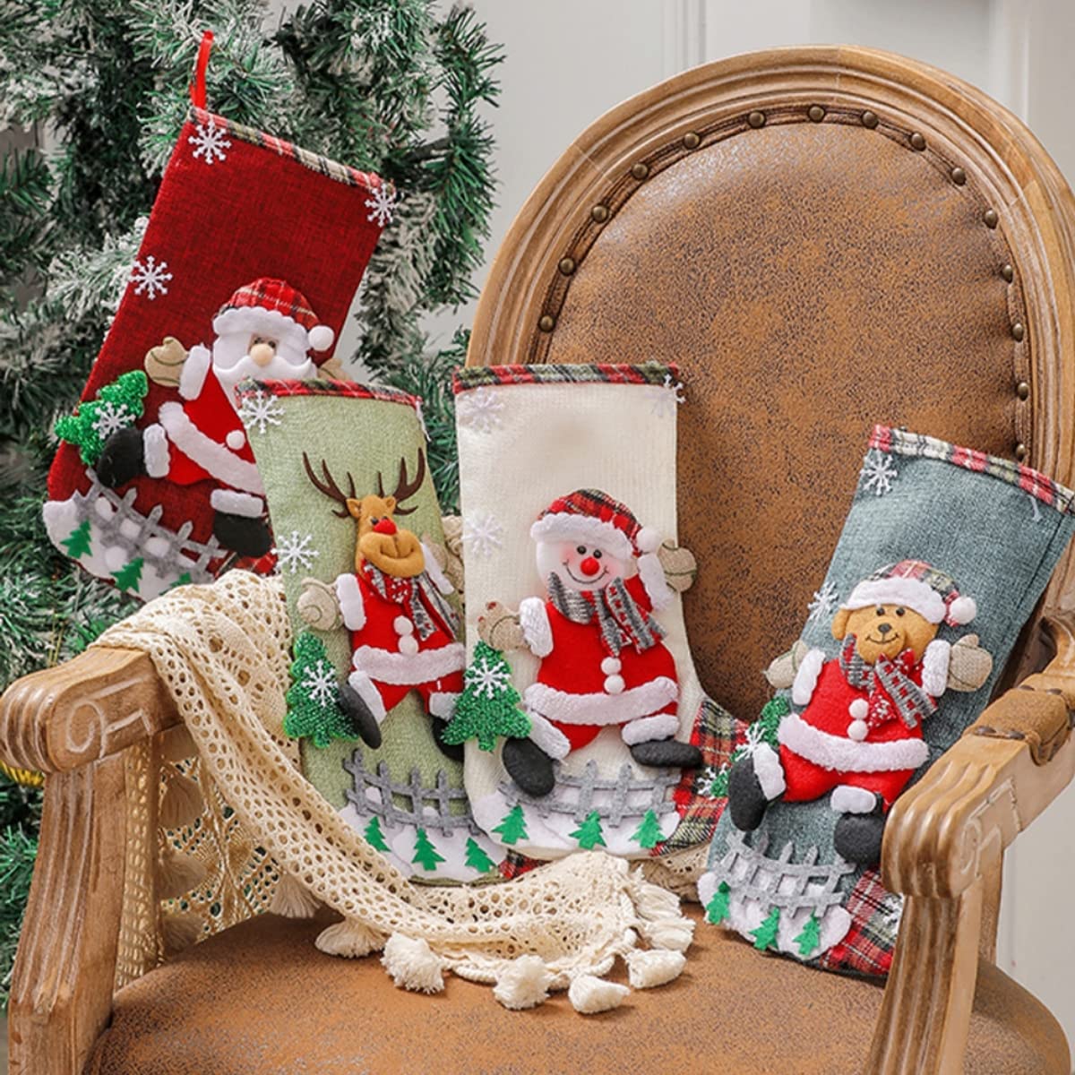 HASTHIP Set of 4 Christmas Decorations Stocking, 10 Inch Linen Xmas Gift Stockings, Large Hanging Christmas Tree Decoration Items for Xmas Tree, Home Decor, Door, Window – view 5