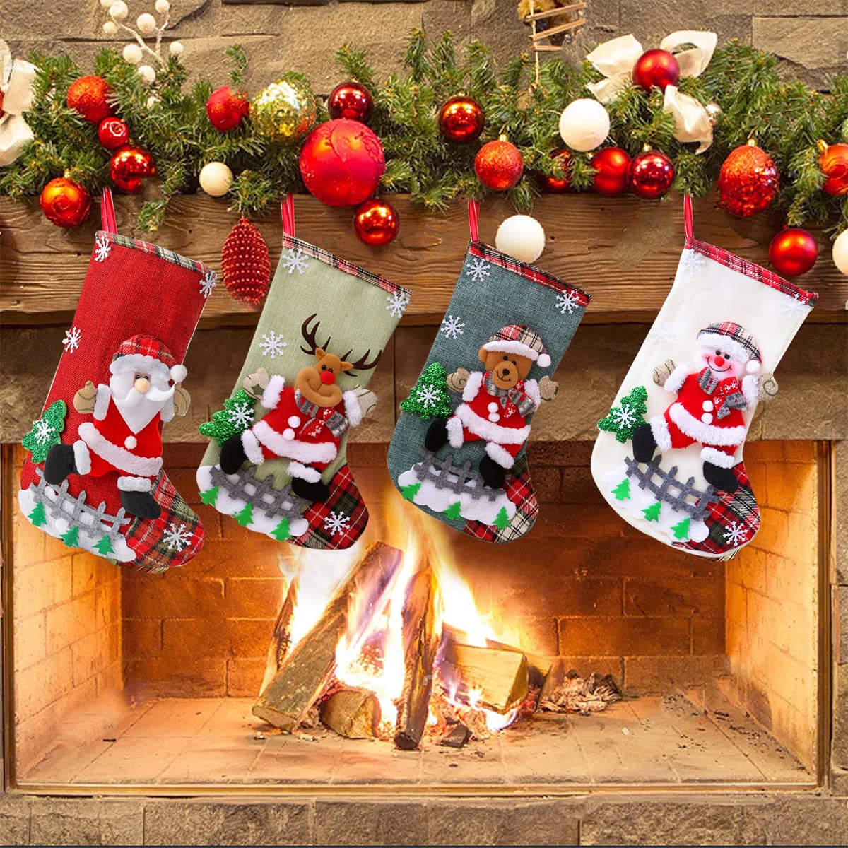 HASTHIP Set of 4 Christmas Decorations Stocking, 10 Inch Linen Xmas Gift Stockings, Large Hanging Christmas Tree Decoration Items for Xmas Tree, Home Decor, Door, Window – view 6