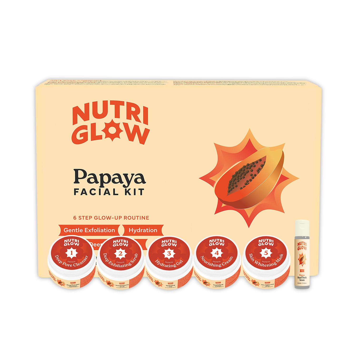 Six-step papaya facial kit set with cream jars and serum