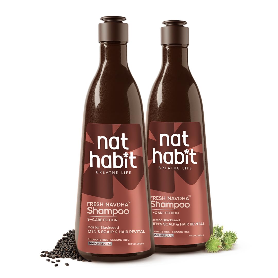 Two bottles of men's Ayurvedic Castor Blackseed Navdha shampoo