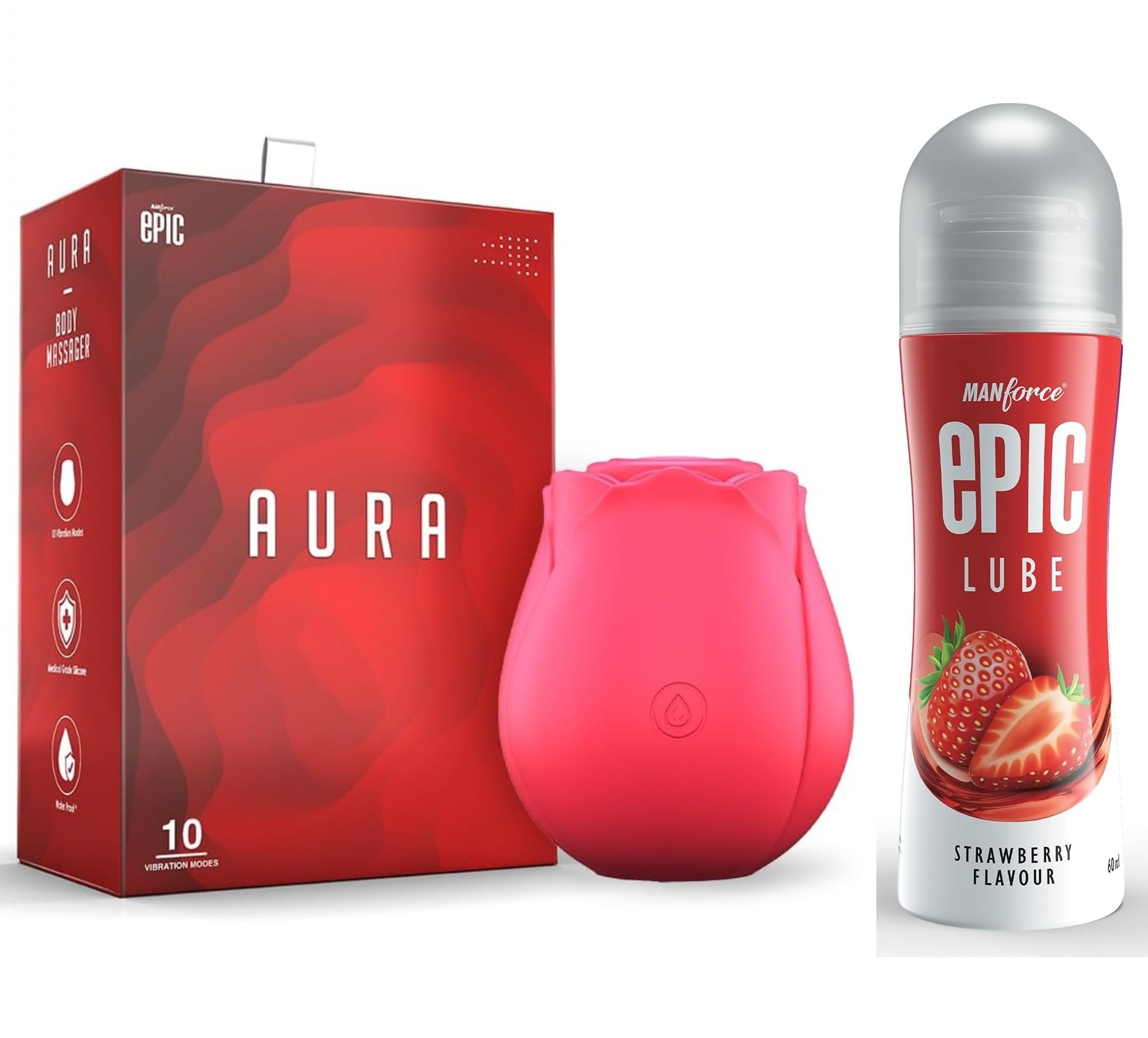 Manforce Epic Aura Massager | 10 Vibration Modes & Manforce Epic Lube | Strawberry | 60ml | Water-based