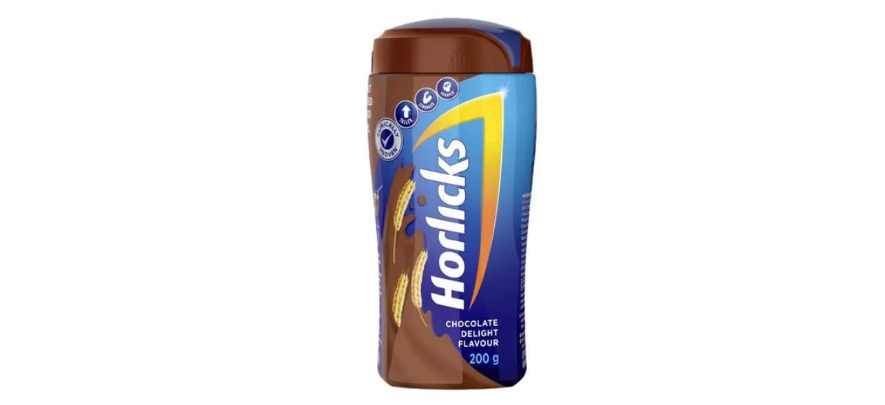 Front view of Horlicks chocolate nutrition drink 200 g jar