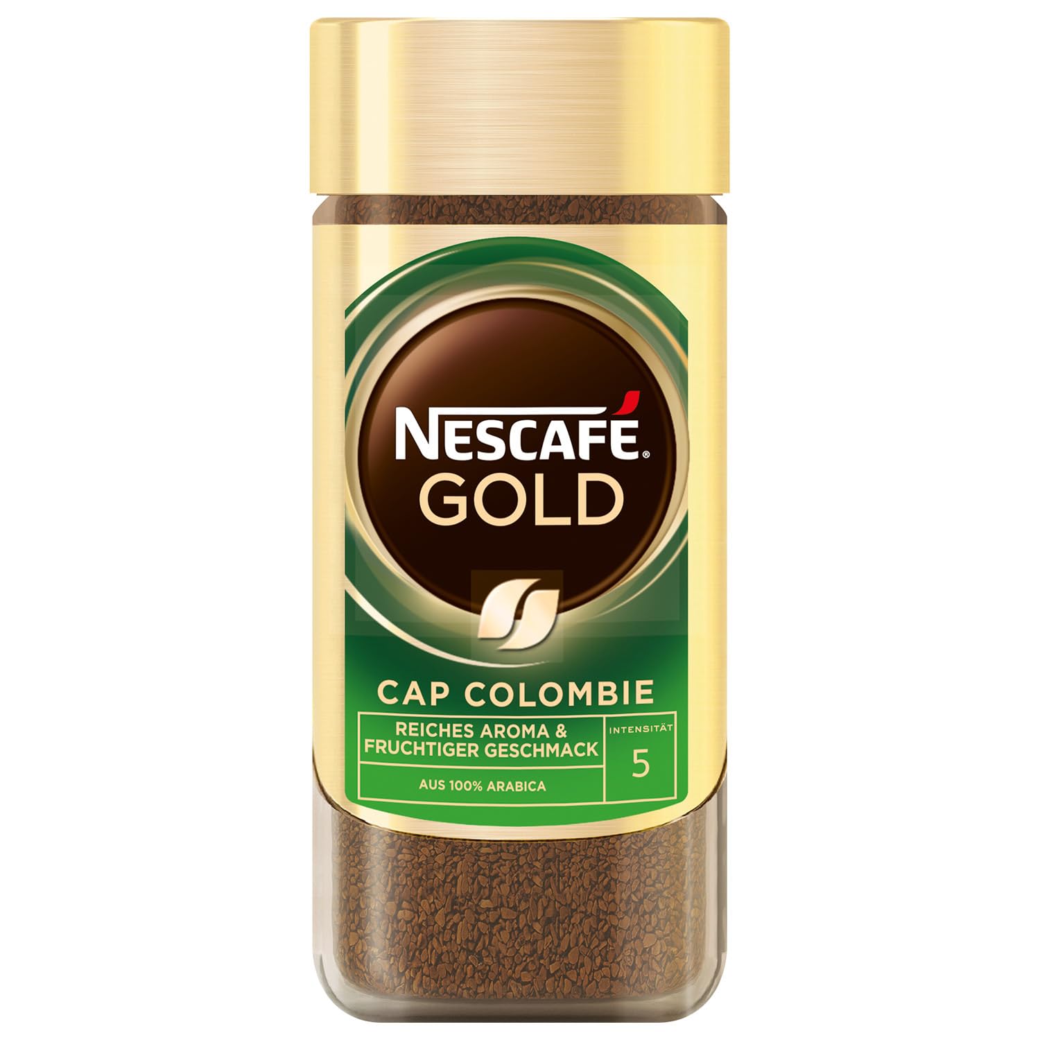 Nescafe Gold instant coffee Cap Colombia glass bottle front view