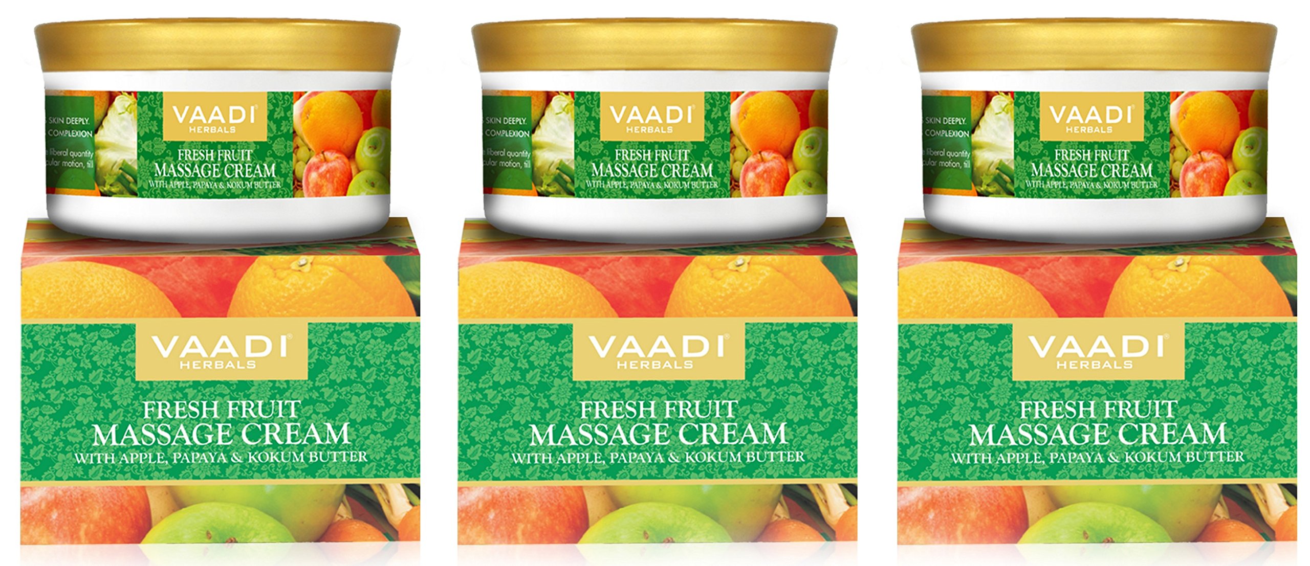 Three jars of Vaadi Herbals fresh fruit massage cream