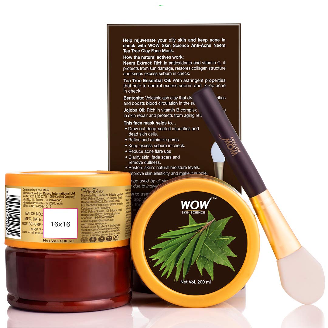 WOW Skin Science Anti-Acne Neem & Tea Tree Clay Face Mask for Refreshing & Refining Acne Prone Skin - For All Skin Types - No Parabens, Sulphate & Mineral Oil, 200 ml – view 2