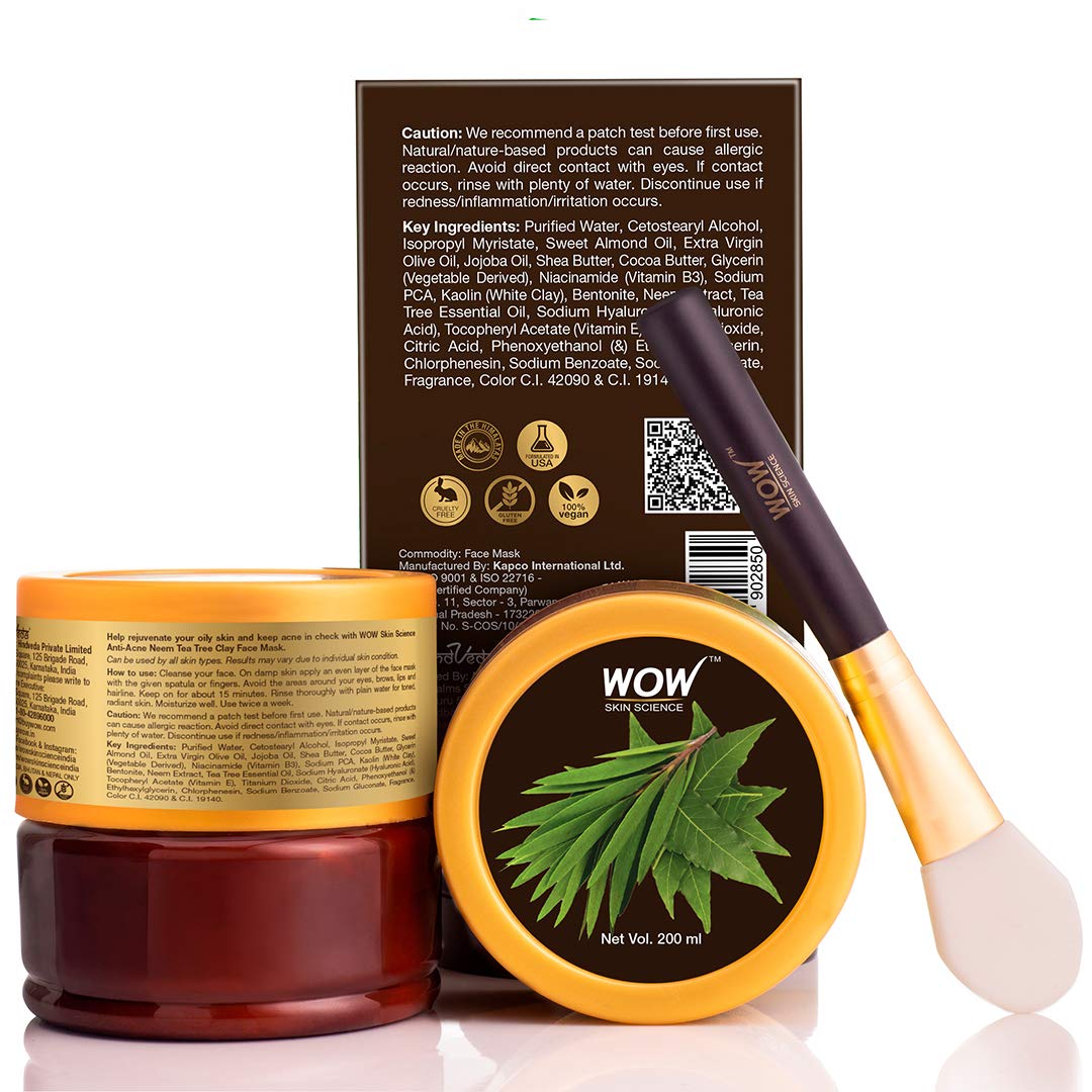 WOW Skin Science Anti-Acne Neem & Tea Tree Clay Face Mask for Refreshing & Refining Acne Prone Skin - For All Skin Types - No Parabens, Sulphate & Mineral Oil, 200 ml – view 3