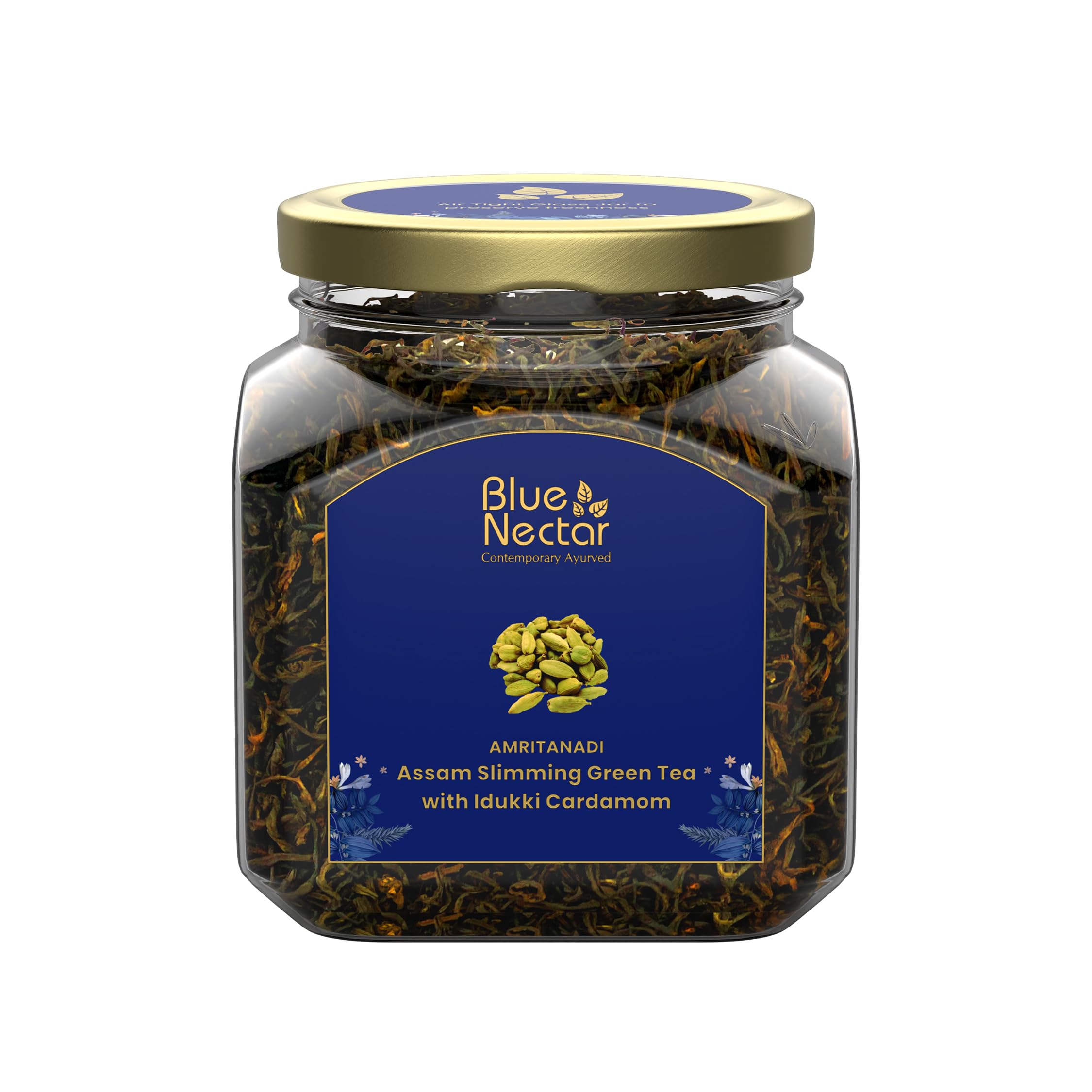 Blue Nectar Green Tea Loose Leaves for Weight Management with Idukki Cardamom | Detox Green Tea Strainer Packed in Eco Friendly Glass Jar (65g)