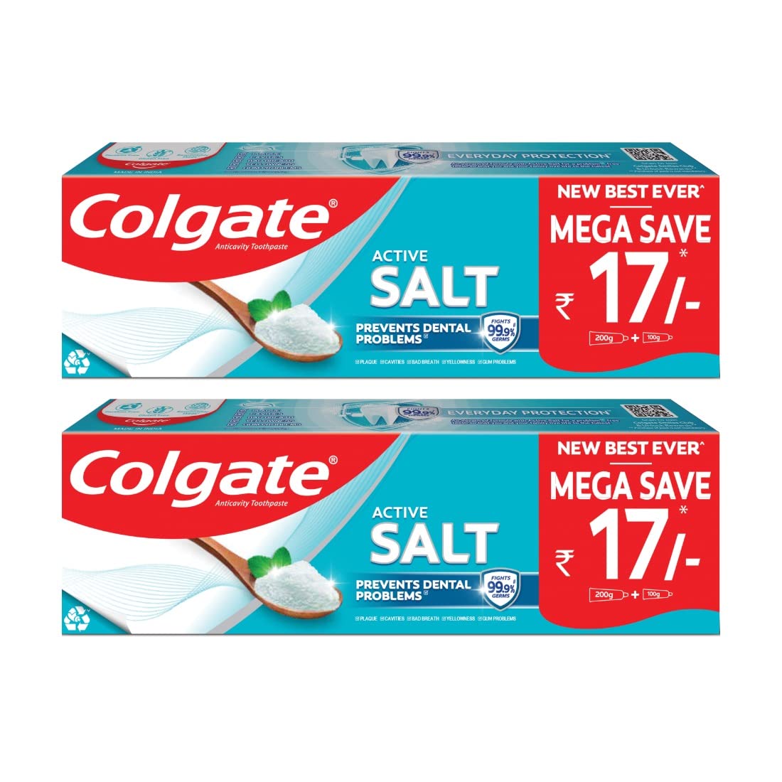 Two Colgate Active Salt mint toothpaste tubes 300 g each