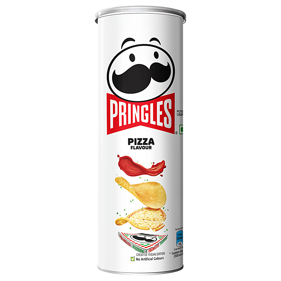 Front view of Pringles Pizza Flavour Potato Chips 102 g can