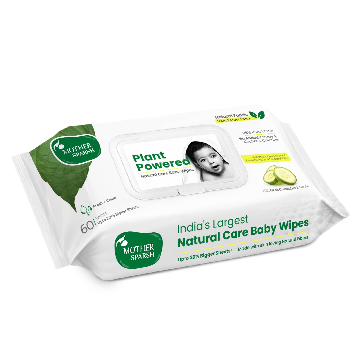Front pack of Mother Sparsh plant-based baby wipes, 60 count
