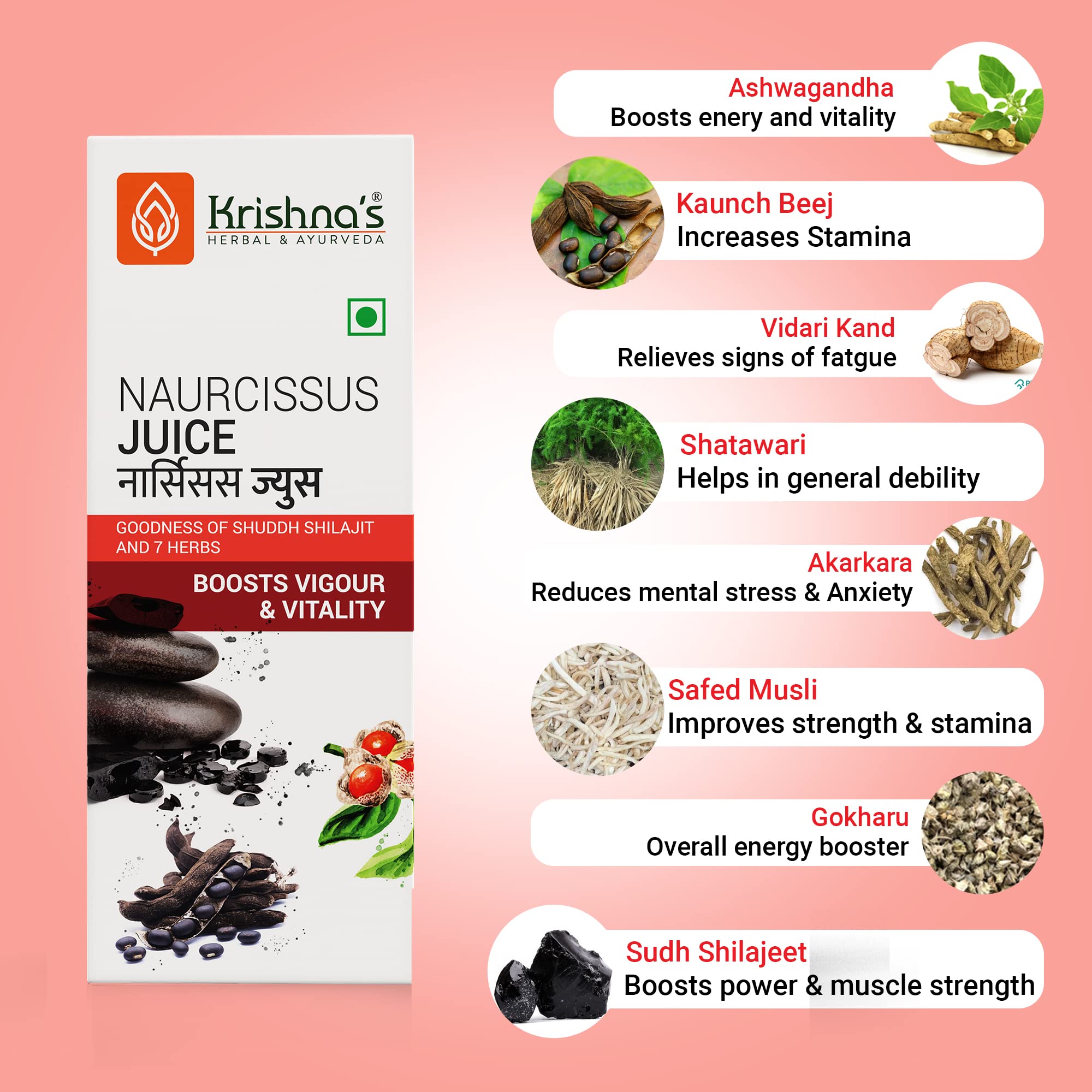 KRISHNA'S HERBAL & AYURVEDA Naurcissus Juice-500 Ml Ayurvedic Ingridients Ashwagandha,Kaunch Beej,Vidari Kand,Shatawari,Akarkara,Safed Musli,Gokhru Stamina,Vigor,Vitality&Energy Booster – view 3