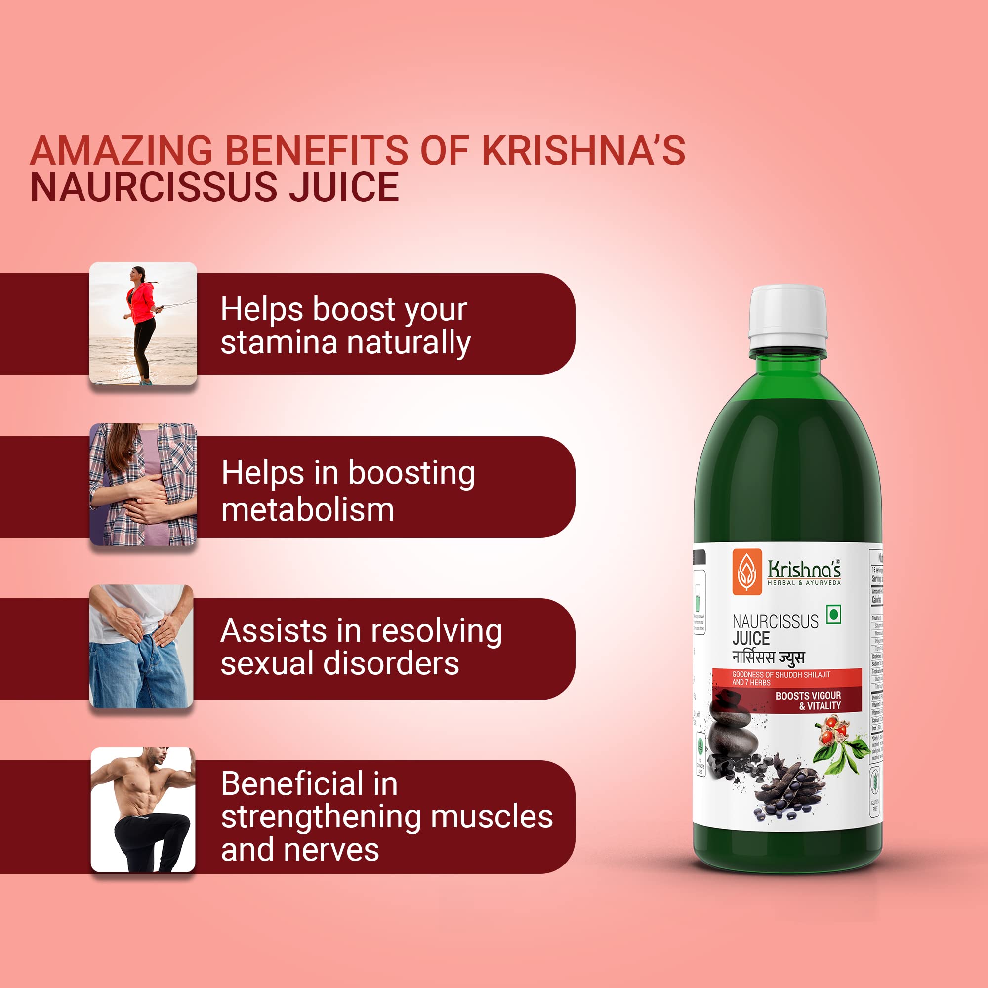 KRISHNA'S HERBAL & AYURVEDA Naurcissus Juice-500 Ml Ayurvedic Ingridients Ashwagandha,Kaunch Beej,Vidari Kand,Shatawari,Akarkara,Safed Musli,Gokhru Stamina,Vigor,Vitality&Energy Booster – view 4