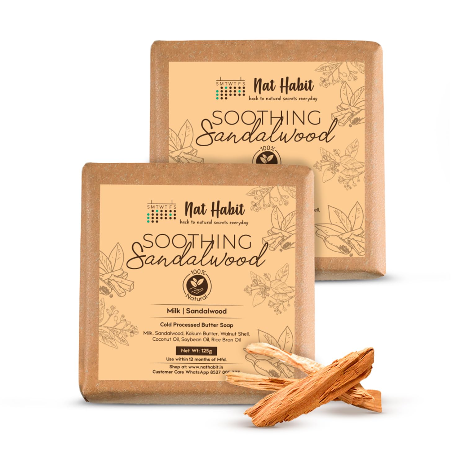 Handmade sandalwood body soap bars with Rakt Chandan, pack of two