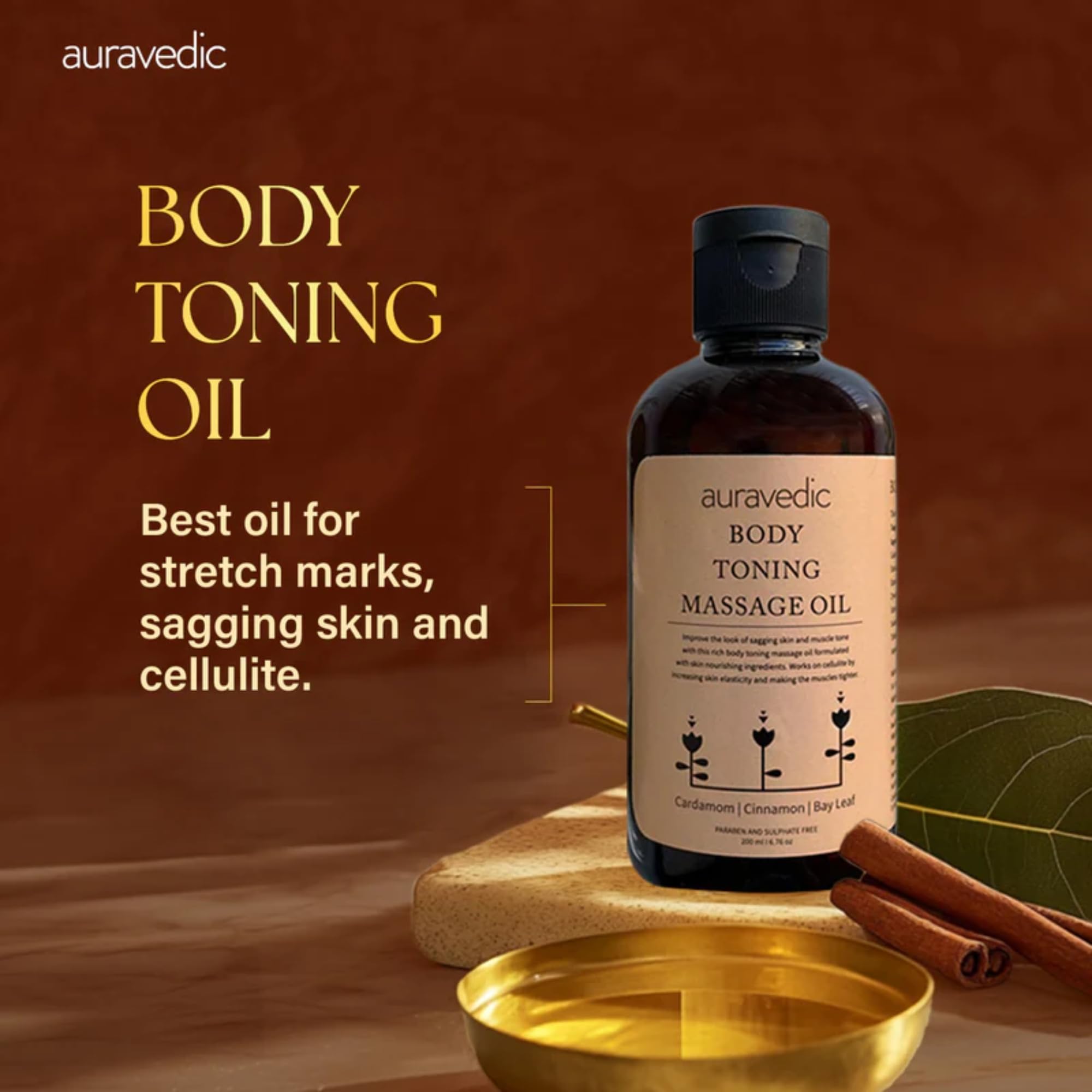 Auravedic Body Toning Body Massage Oil for full bodyy relax 200ml Body Oil for Winter Body oil after bath for daily use Body oil for glowing skin Stretch Mark Removal Massage Oill For women men – view 2