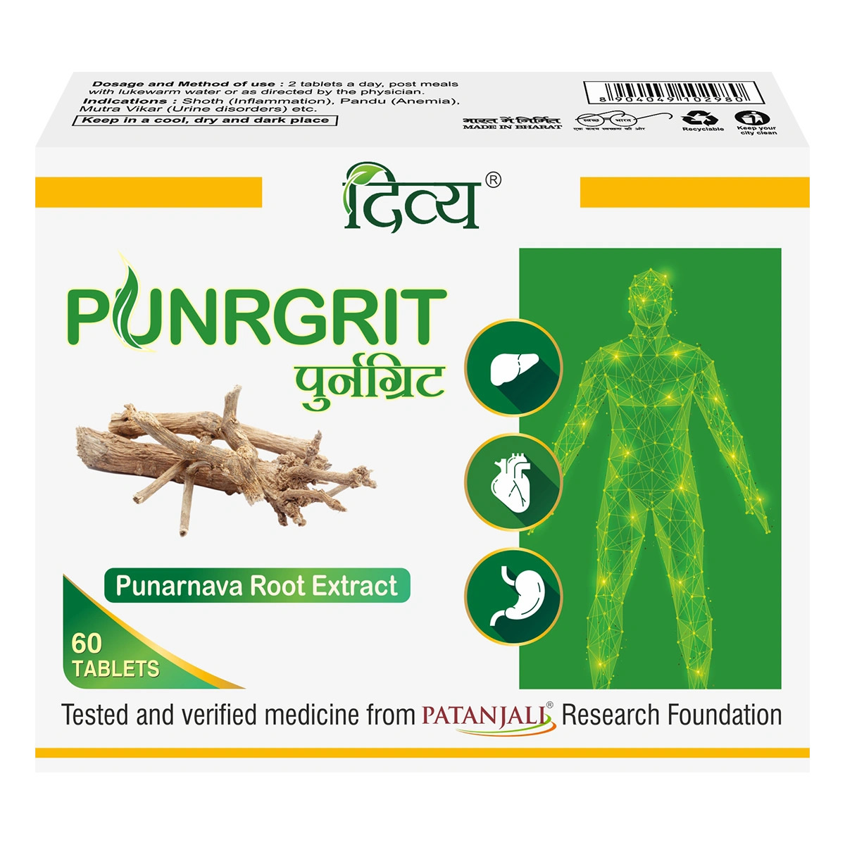 Patanjali Ayurved Divya Punrgrit tablets pack in 3 x 20 N