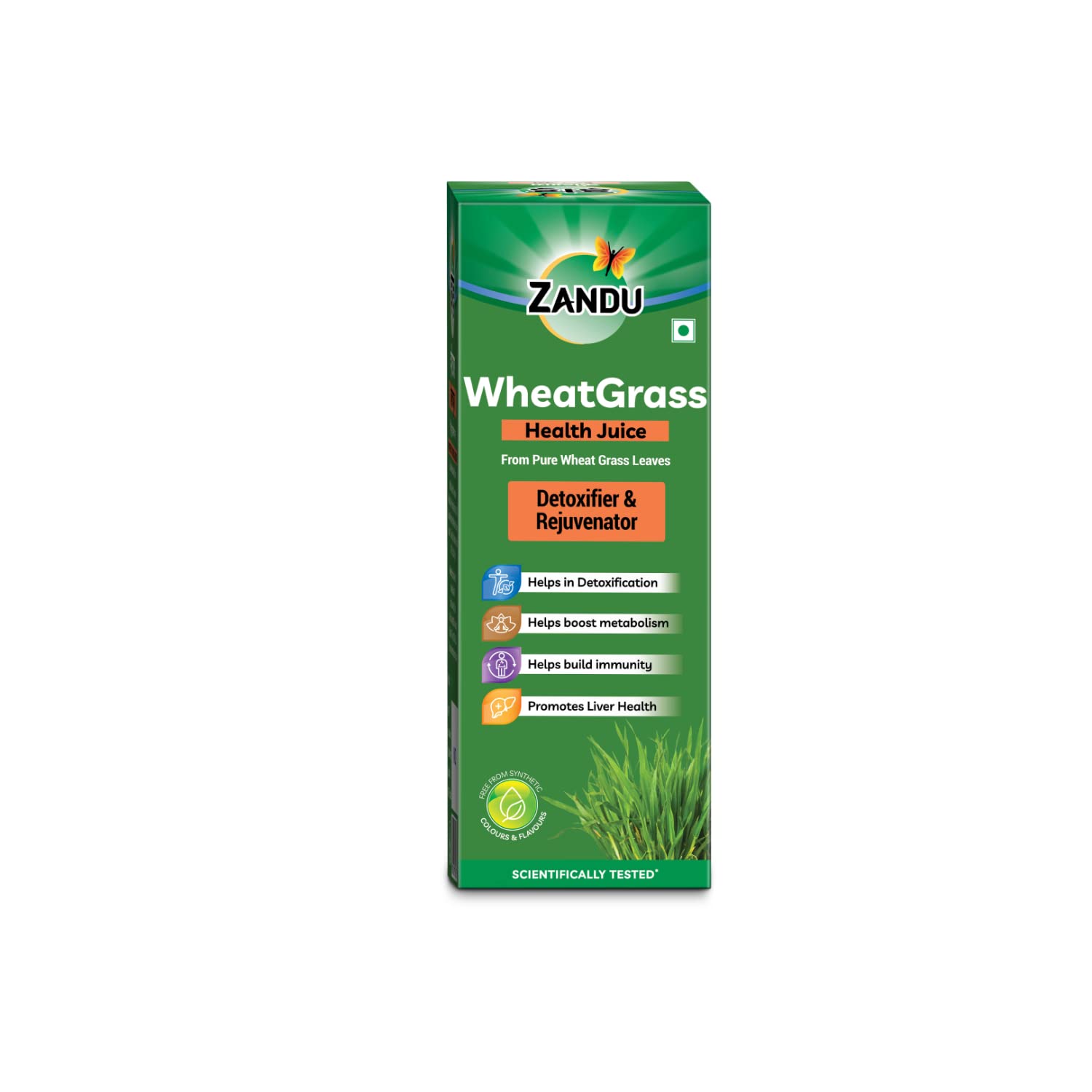 Front view of Zandu Wheatgrass Health Juice 1L bottle