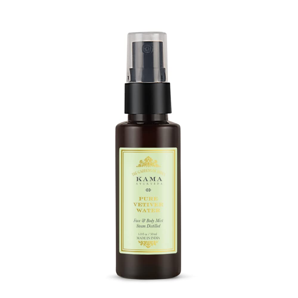 Clear liquid vetiver water toner bottle from Kama Ayurveda