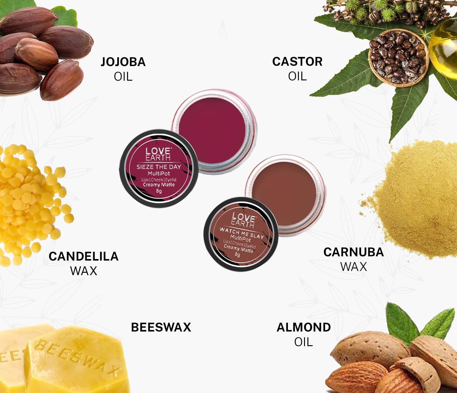 Love Earth Lip Tint & Cheek Tint Multipot Combo (Raspberry Pink & Caramel Brown) with Richness of Jojoba Oil and Vitamin E for Lips, Eyelids and Cheeks – view 5