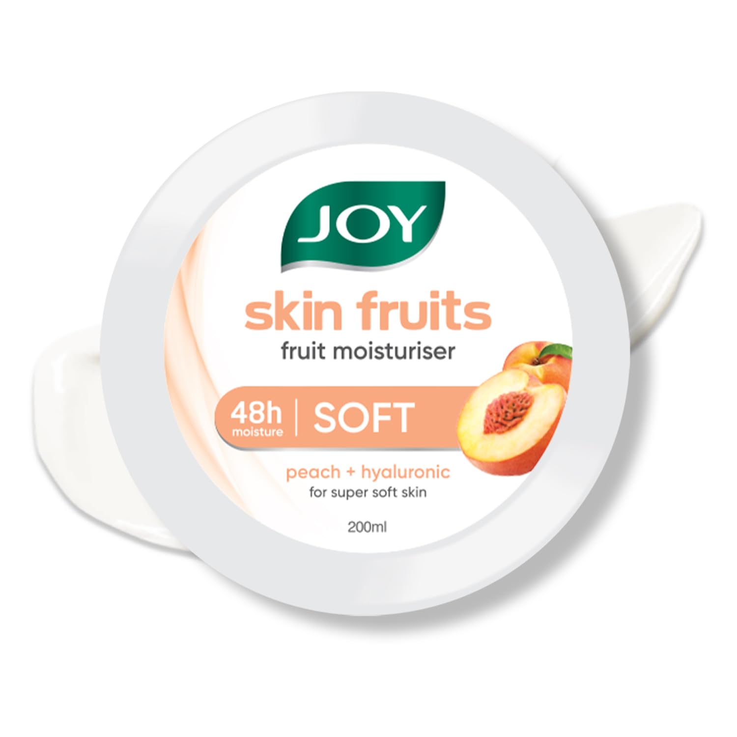 Front view of Joy peach moisturizer cream jar, 200 ml