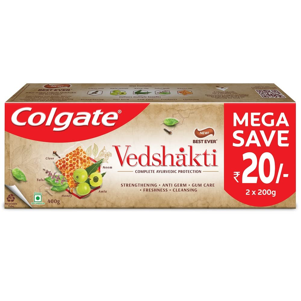 Colgate Strong Teeth Cavity Protection Toothpaste, Colgate Toothpaste & ZigZag Manual Toothbrush & Swarna Vedshakti Ayurvedic Cavity Protection, Bad Breath Treatment Toothpaste - 400gm – view 6