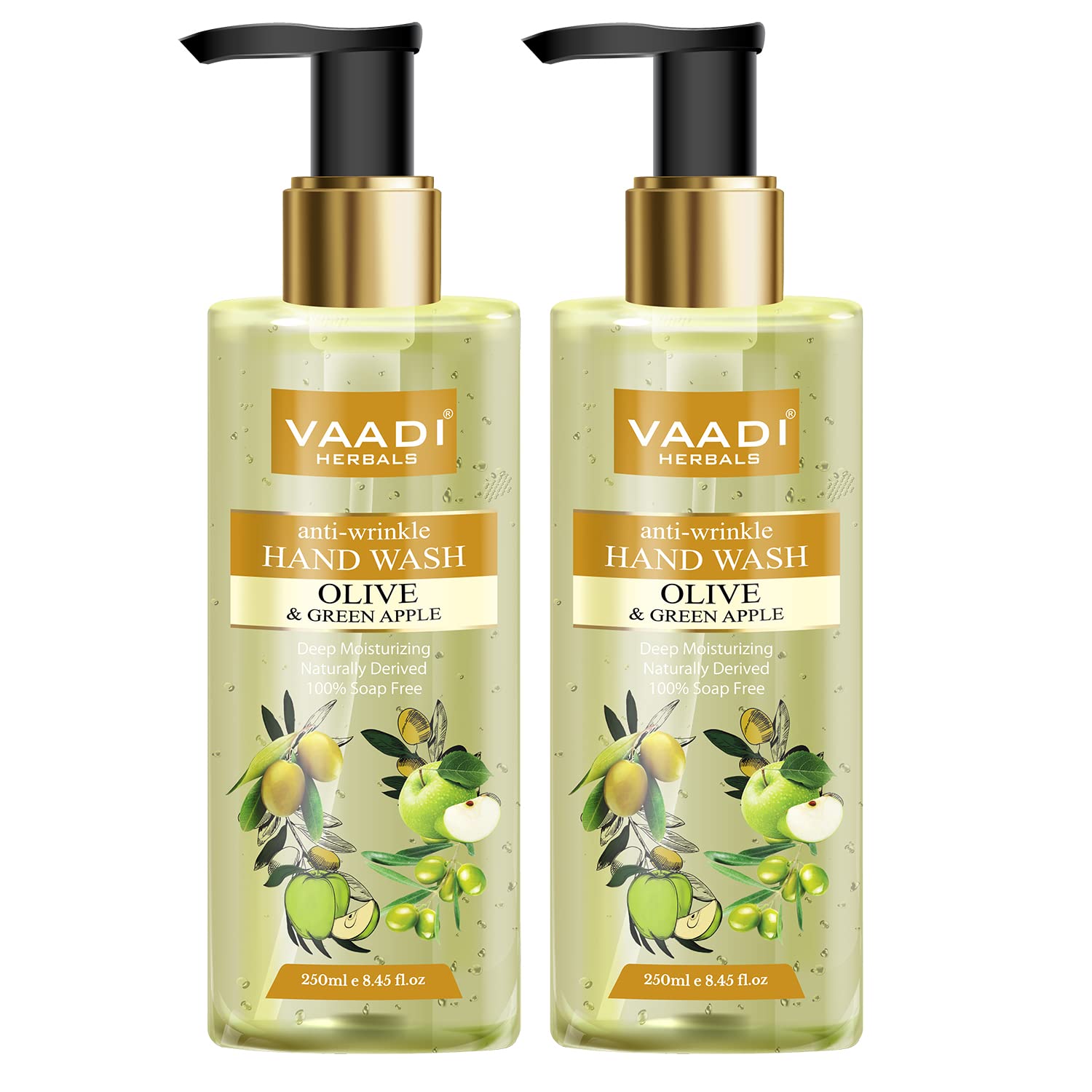 Two bottles of Vaadi Herbals olive and green apple hand wash