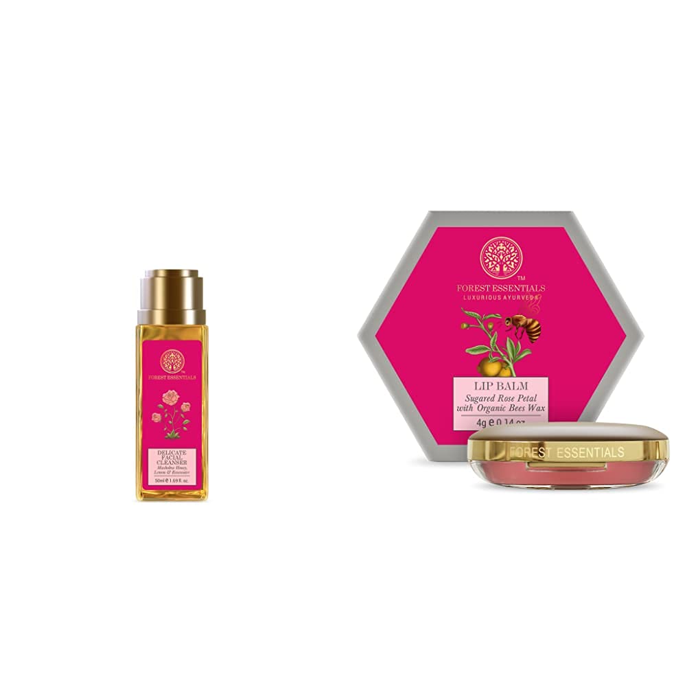 Travel-size Forest Essentials cleanser bottle with rose petal lip balm