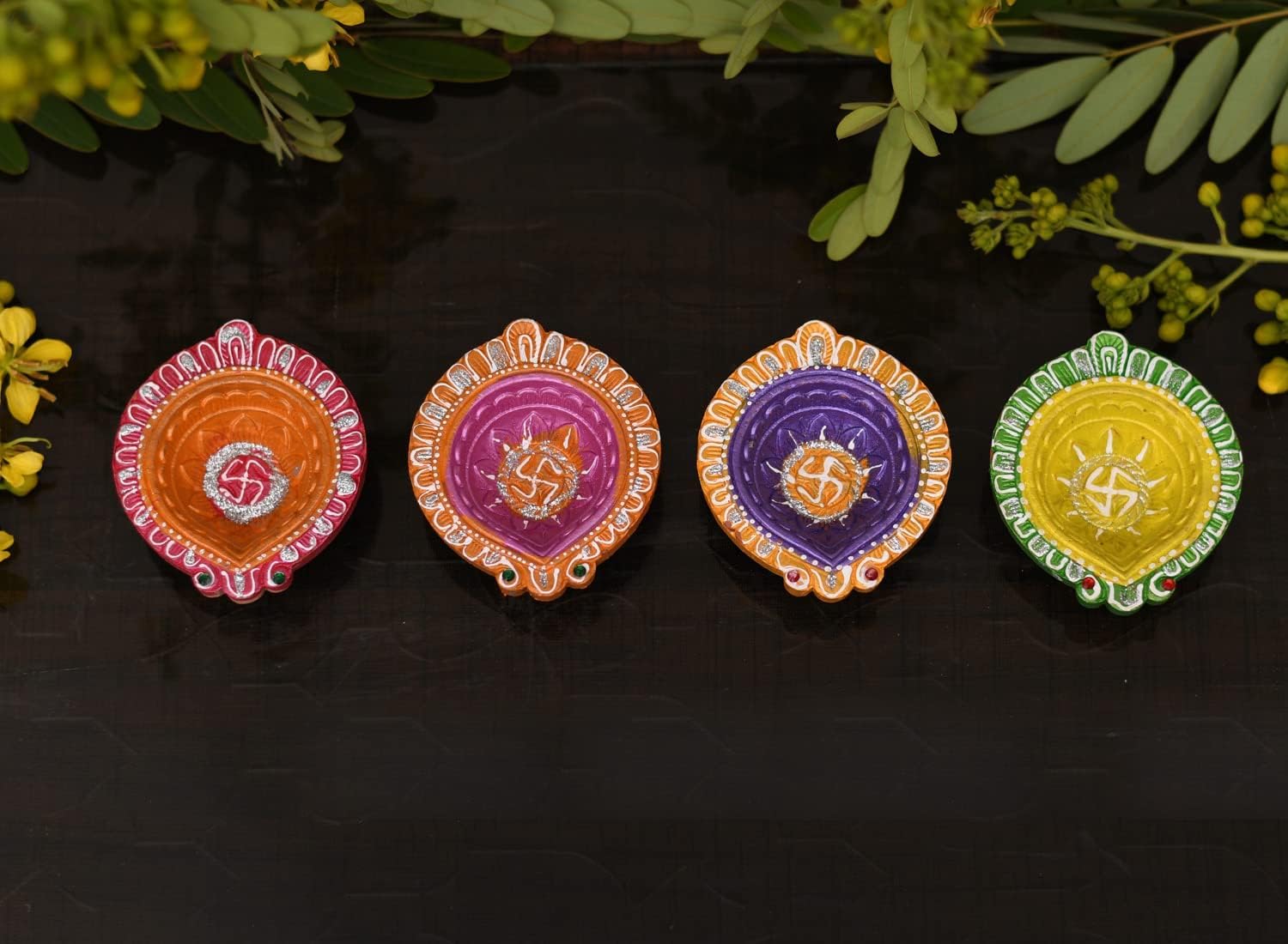 Collectible India Clay 12 Diyas Diya Deepak Earthen Assorted Colorful Set - Diwali Decoration Puja - Handpainted Diya for Home Indoor Outdoor Diwali Design Handmade Mix Color (Set of 12) – view 2