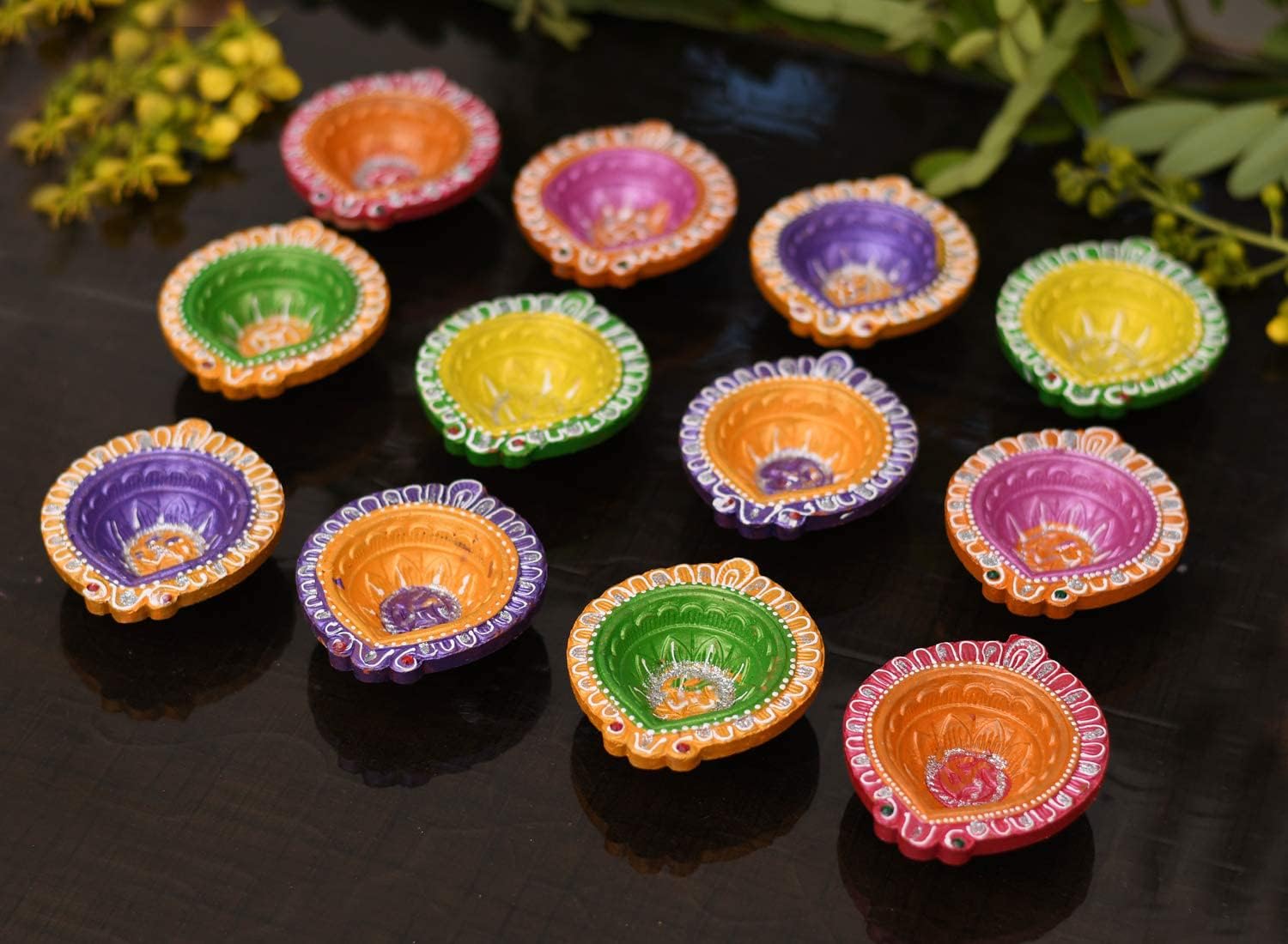 Collectible India Clay 12 Diyas Diya Deepak Earthen Assorted Colorful Set - Diwali Decoration Puja - Handpainted Diya for Home Indoor Outdoor Diwali Design Handmade Mix Color (Set of 12) – view 6