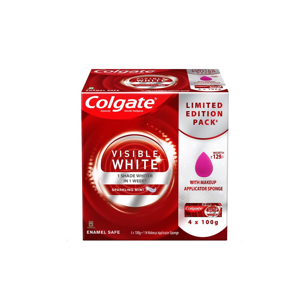 Four 100 g Colgate Visible White toothpaste tubes and sponge