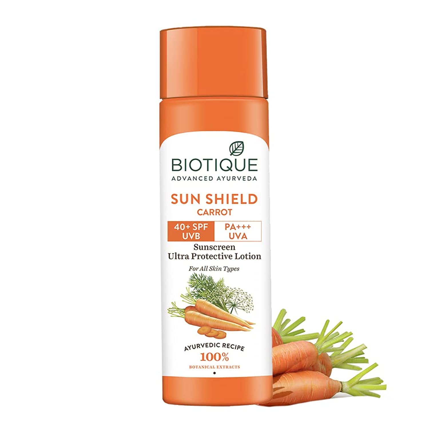 Biotique sunscreen lotion bottle with carrot SPF 40 packaging