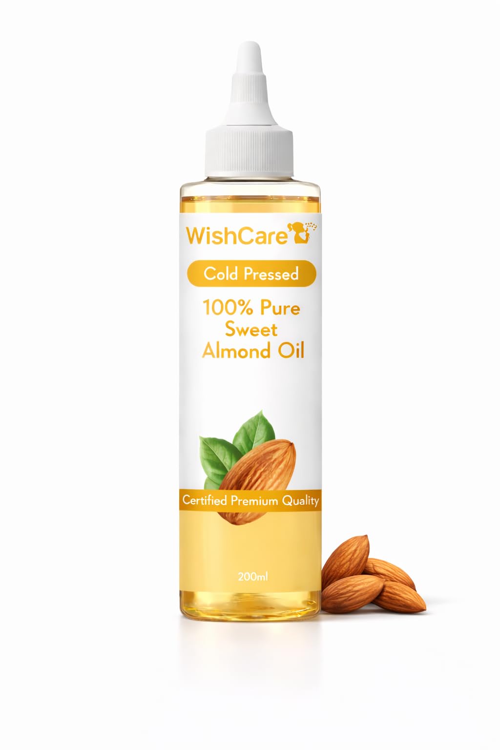 WishCare sweet almond oil bottle for hair and skin care