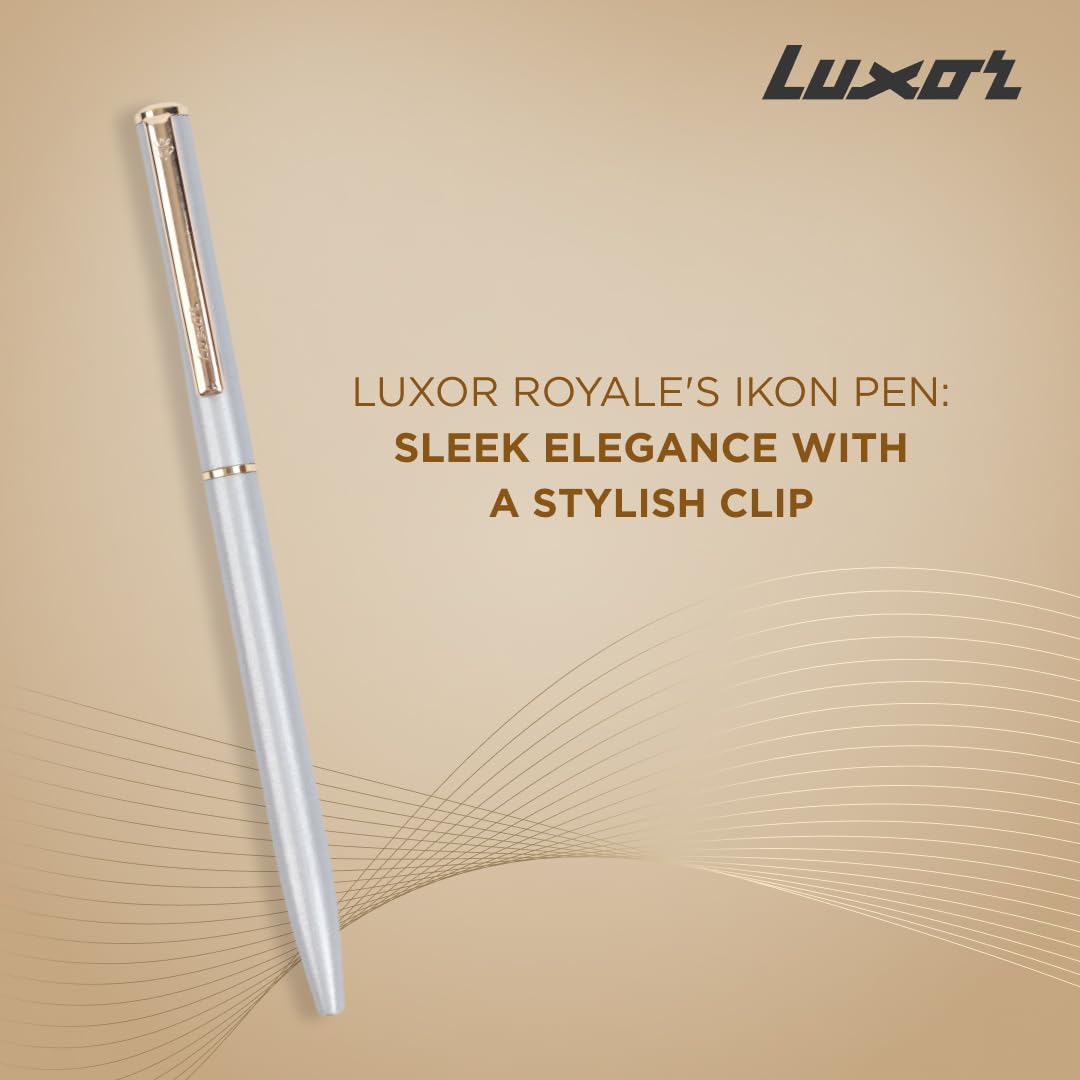 Luxor Royale, Ikon, Ball Pen, Pack of 1, Metallic Shiny Silver Body, Ink Colour- Blue, Gold Trim, Stylish Clip, Sleek & Elegant, The Ultimate Choice For Professional Gifting – view 2