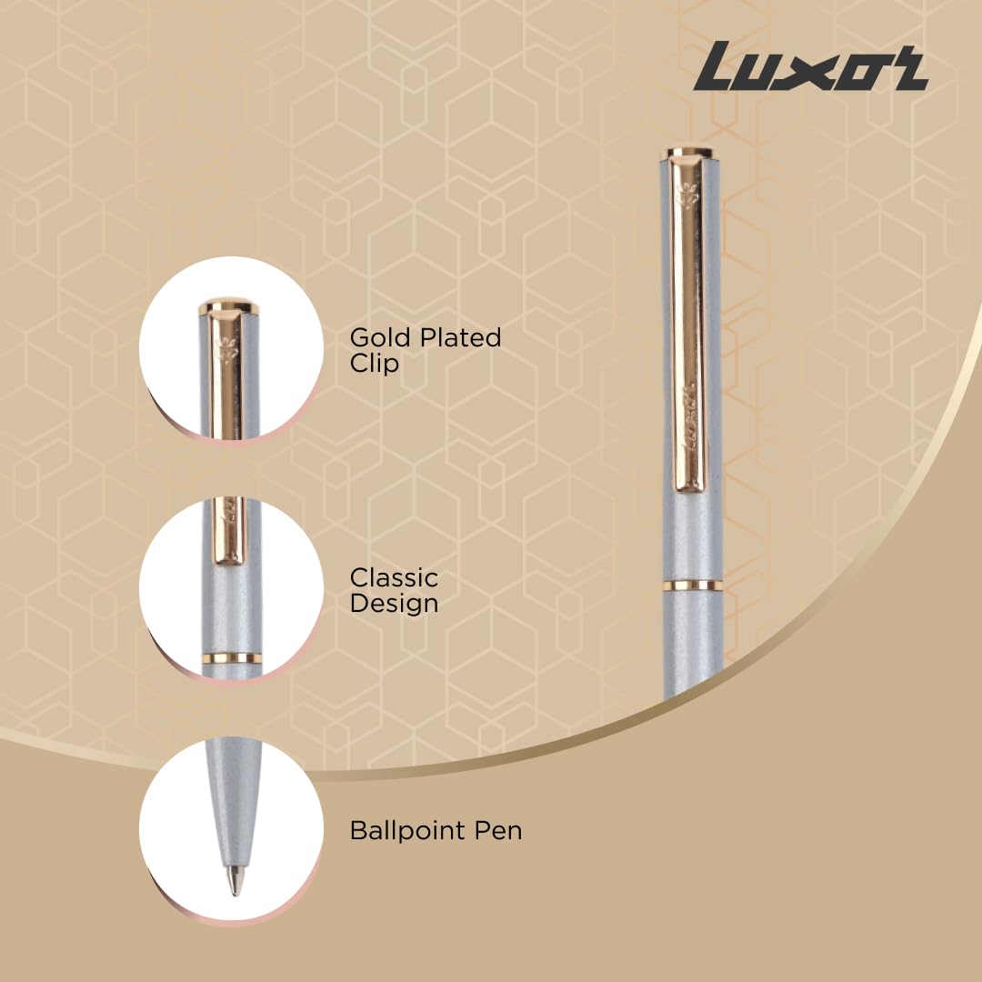 Luxor Royale, Ikon, Ball Pen, Pack of 1, Metallic Shiny Silver Body, Ink Colour- Blue, Gold Trim, Stylish Clip, Sleek & Elegant, The Ultimate Choice For Professional Gifting – view 3