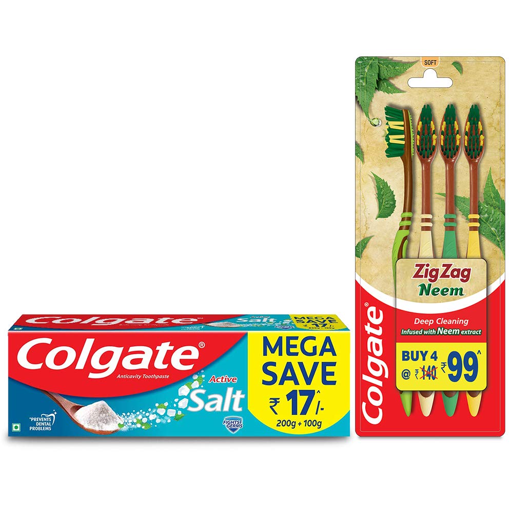 Colgate mint toothpaste saver pack and Neem medium toothbrush set