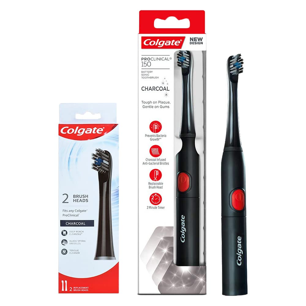 Black Colgate sonic electric toothbrush and charcoal replacement heads