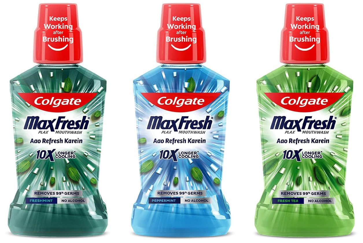 Colgate Plax mouthwash pack showing peppermint, tea, and mint variants