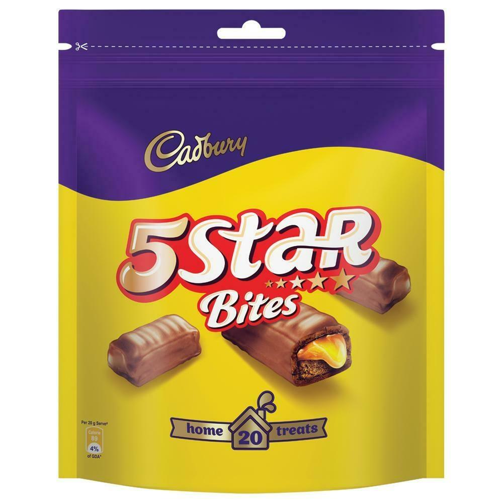Cadbury 5 Star chocolate caramel nougat bites in three-pack pouch