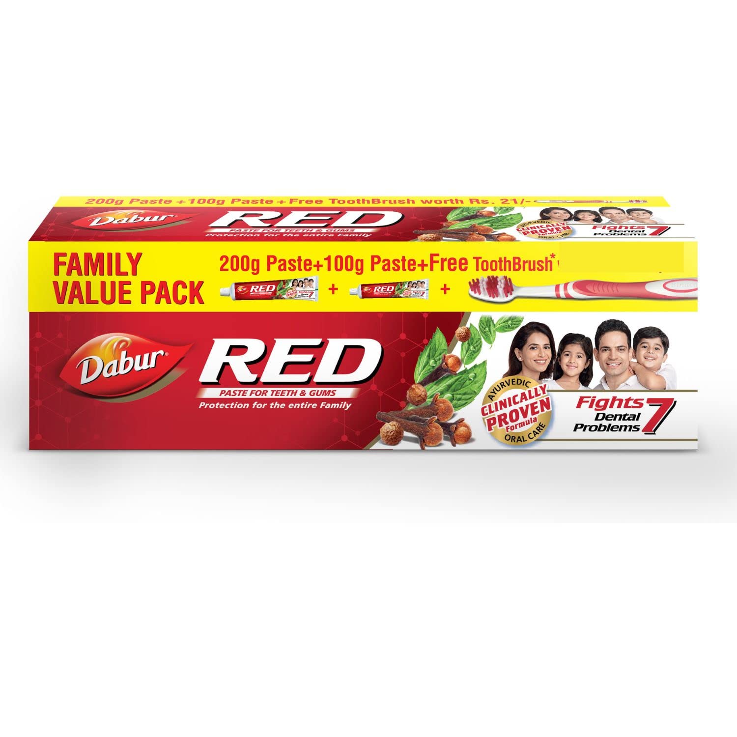 Front view of Dabur Red Ayurvedic Toothpaste 300 gm pack