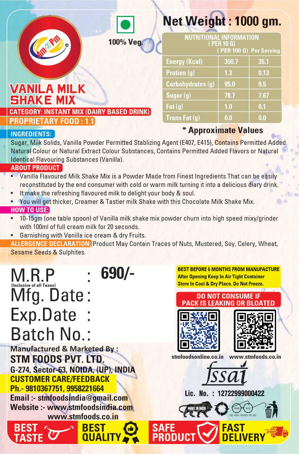 Am 2 Pm - Premium Silky Smoothy Milk Shake Mix, Flavoured Milk shake Premix Powder, Instant Premix Drink Milkshake Powder (Vanilla) – view 3