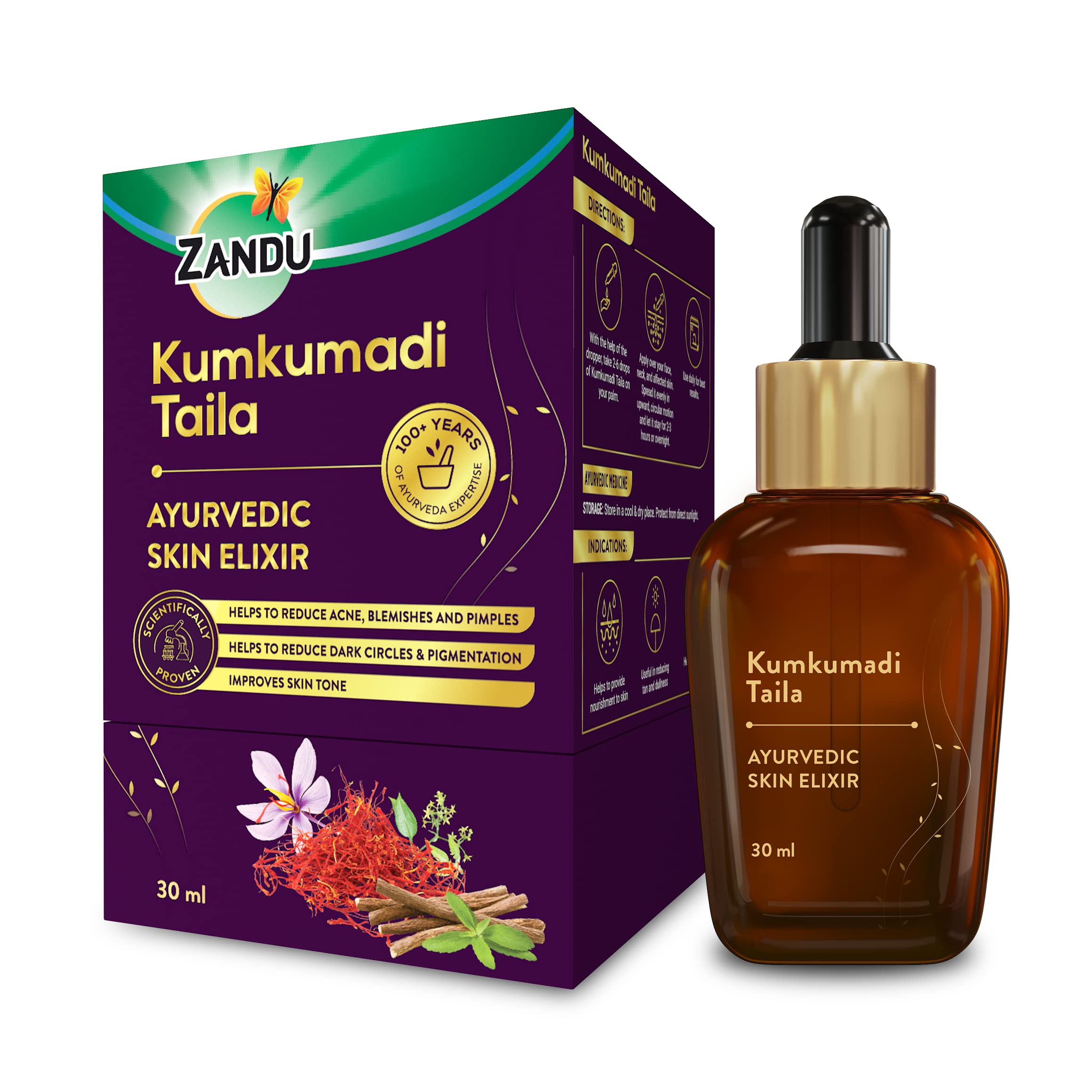 Zandu Kumkumadi Taila Ayurvedic face oil in 30 ml bottle