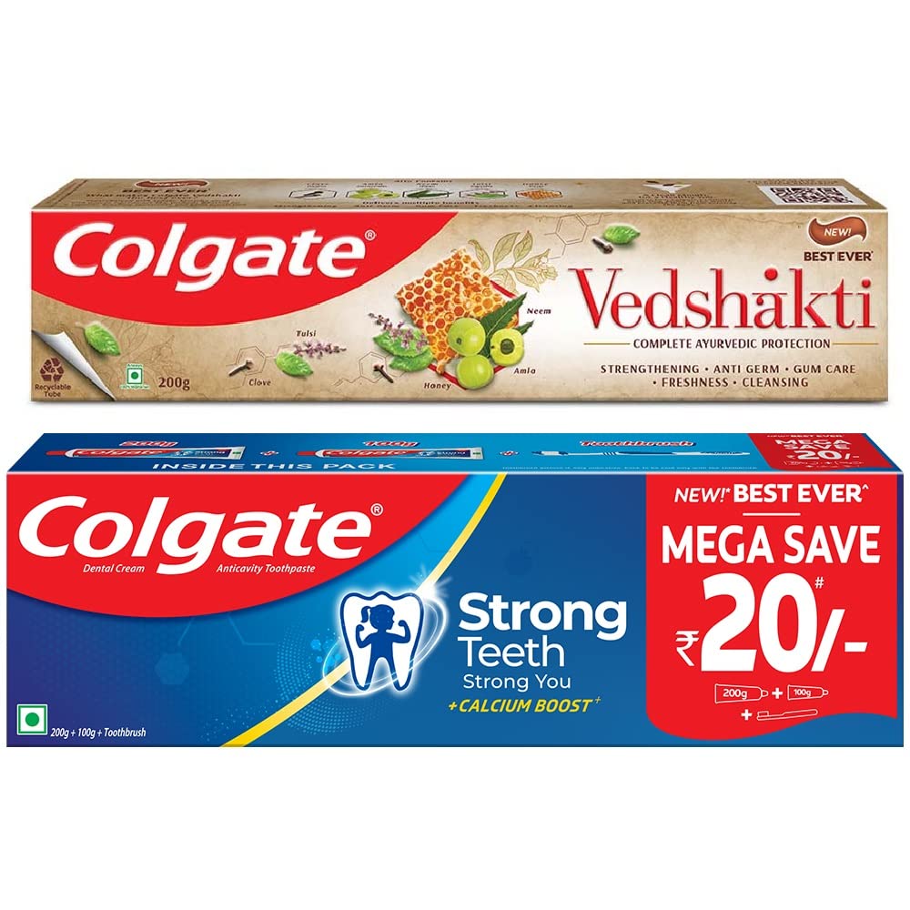 Colgate toothpaste combo pack with Vedshakti tubes and toothbrush